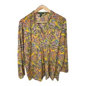 Lauren Ralph Lauren Size 3X Cotton Blouse Pintucked Yellow Paisley Boho Peasant